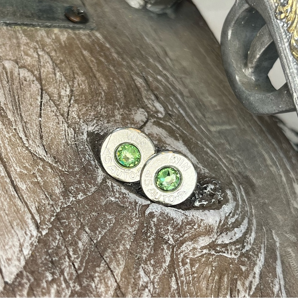 BULLET STUD EARRINGS - 45 AUTO - SWAROVSKI CRYSTAL BIRTHSTONE AUGUST - PERIDOT